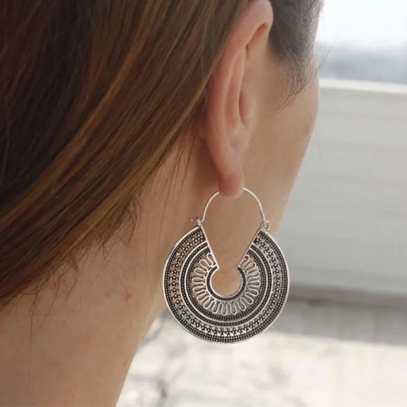 Vintage Silver Medallion Gypsy Hoop Earrings - Picture 1 of 6
